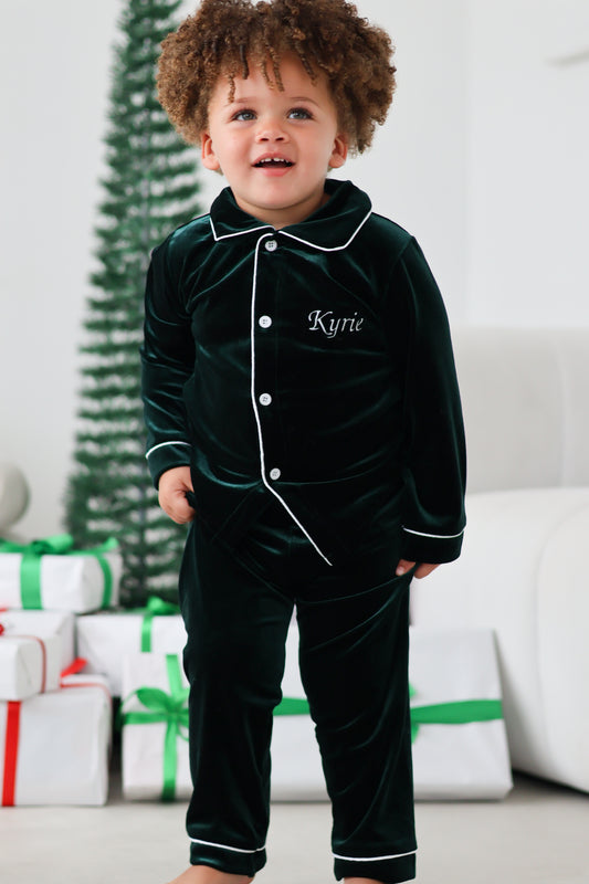 BOYS VELVET PYJAMAS GREEN (personalised)